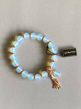 Fifth Avenue Opalite Glass Beaded Stretch Rose Gold Filigree Tassel Bracelet NWT